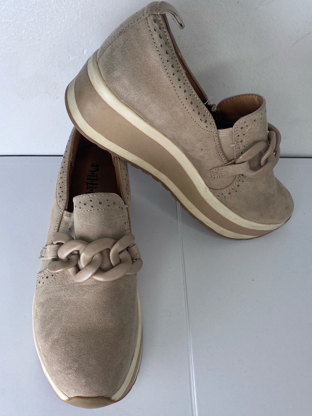 Neutral Beige Platform Chain-Trim Slip-On Sneaker Loafers